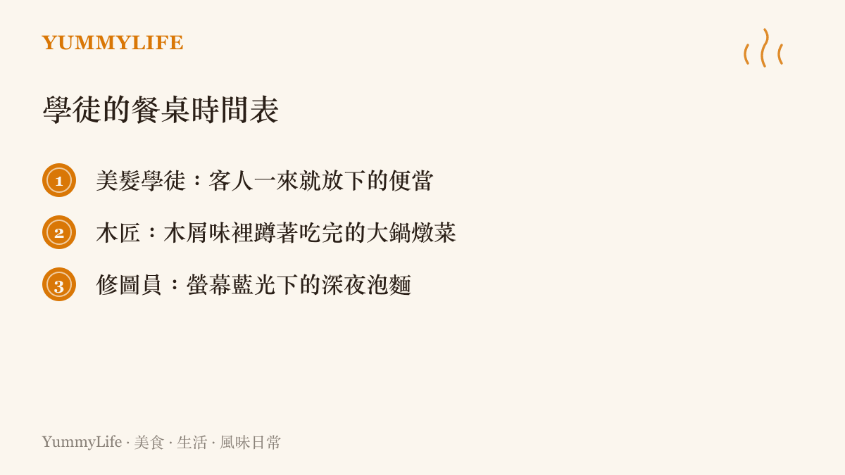 清單圖卡列出冠軍小奇三段工作經歷各自的用餐樣貌，包含美髮學徒放下再喫的便當、木匠蹲著喫完的大鍋燉菜，以及修圖員深夜配著螢幕的泡麵