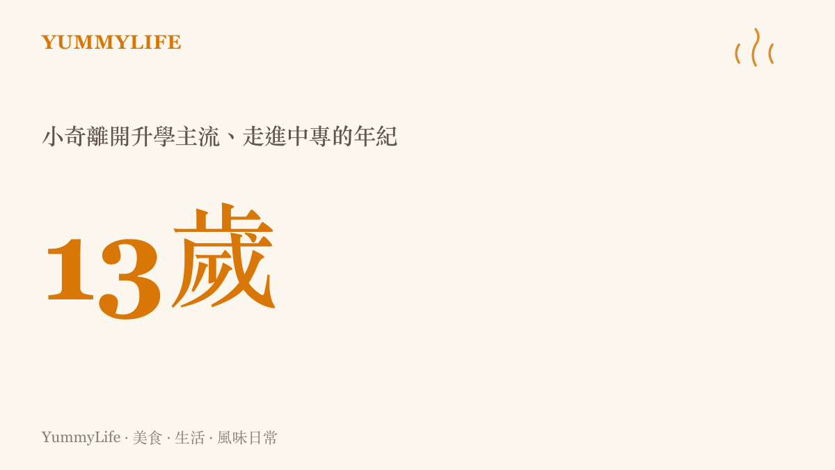 統計圖卡呈現脫口秀冠軍小奇十三歲進入中專的年紀，點出他離開普通升學路線、開始學徒生涯的起點
