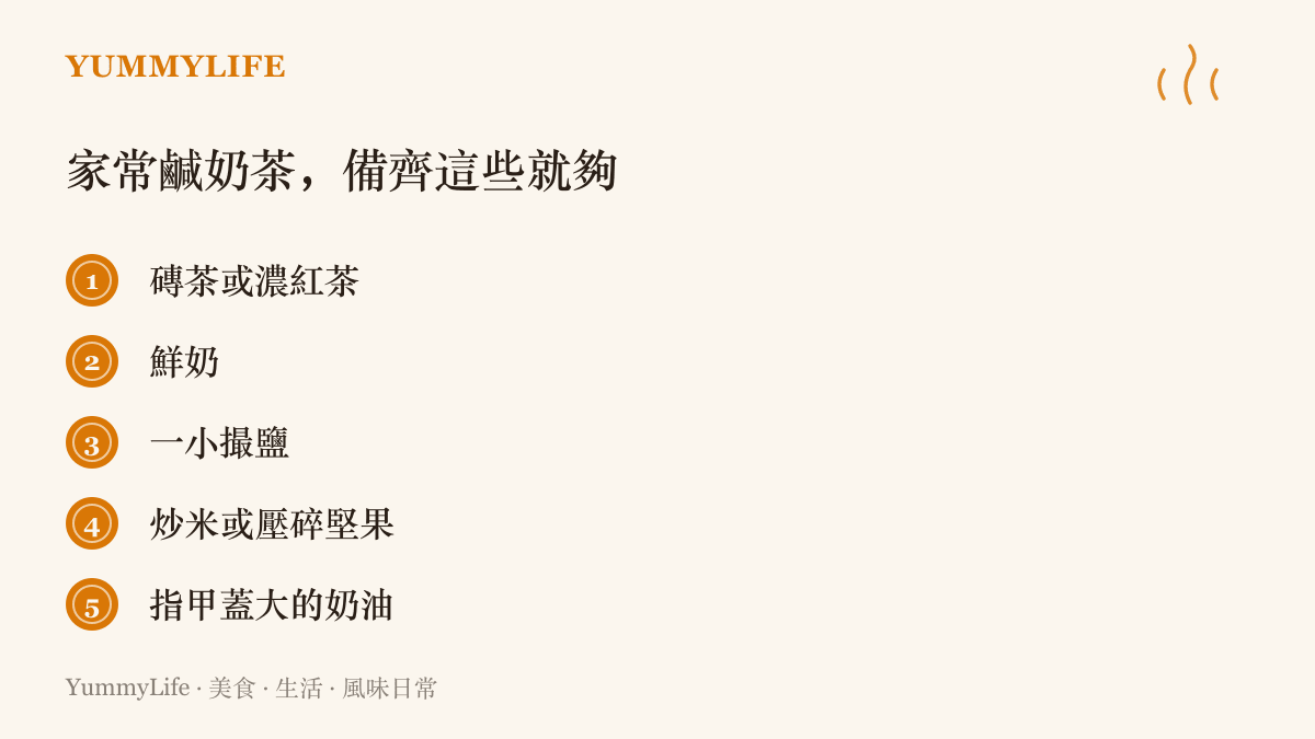 清單圖卡列出在家煮蒙古鹹奶茶需要的材料：磚茶、鮮奶、鹽、炒米與奶油