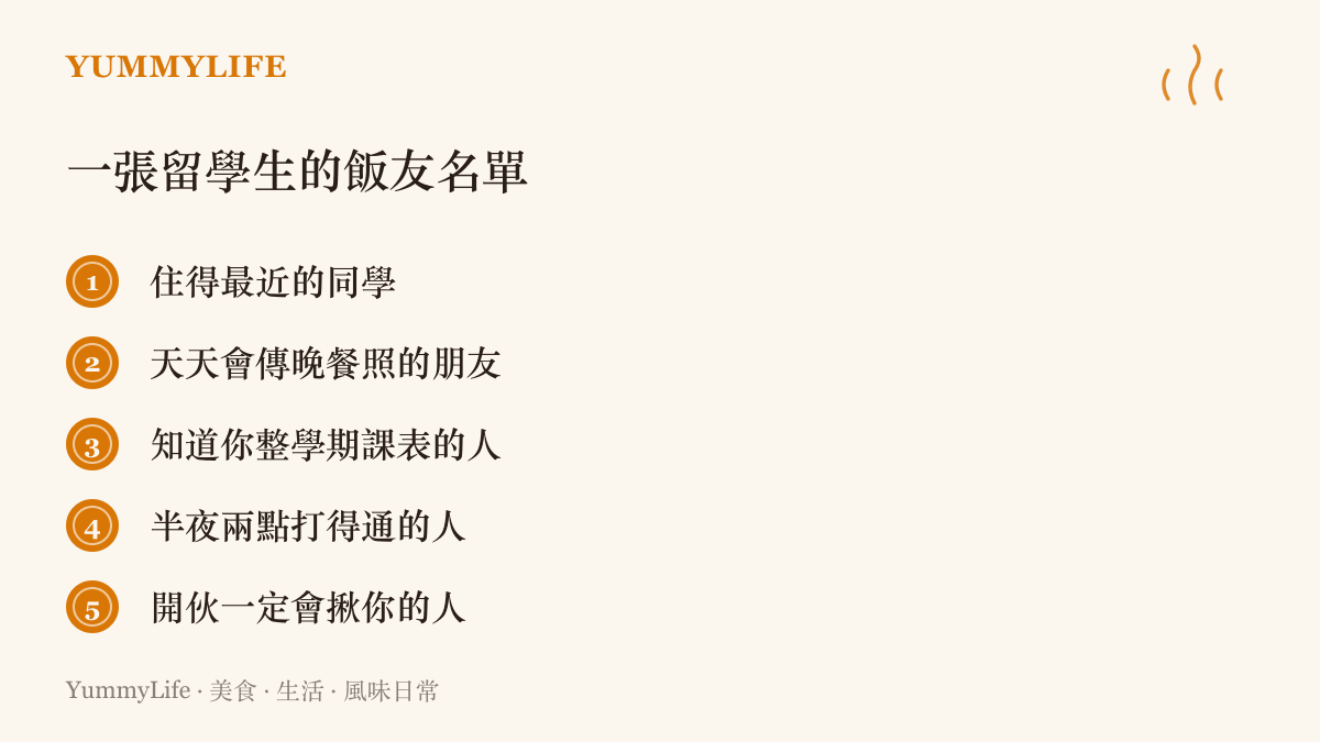 清單列出留學生飯友名單上該有的五種人：住最近的同學、天天傳晚餐照的朋友、知道課表的人、半夜打得通的人、開夥會揪的人