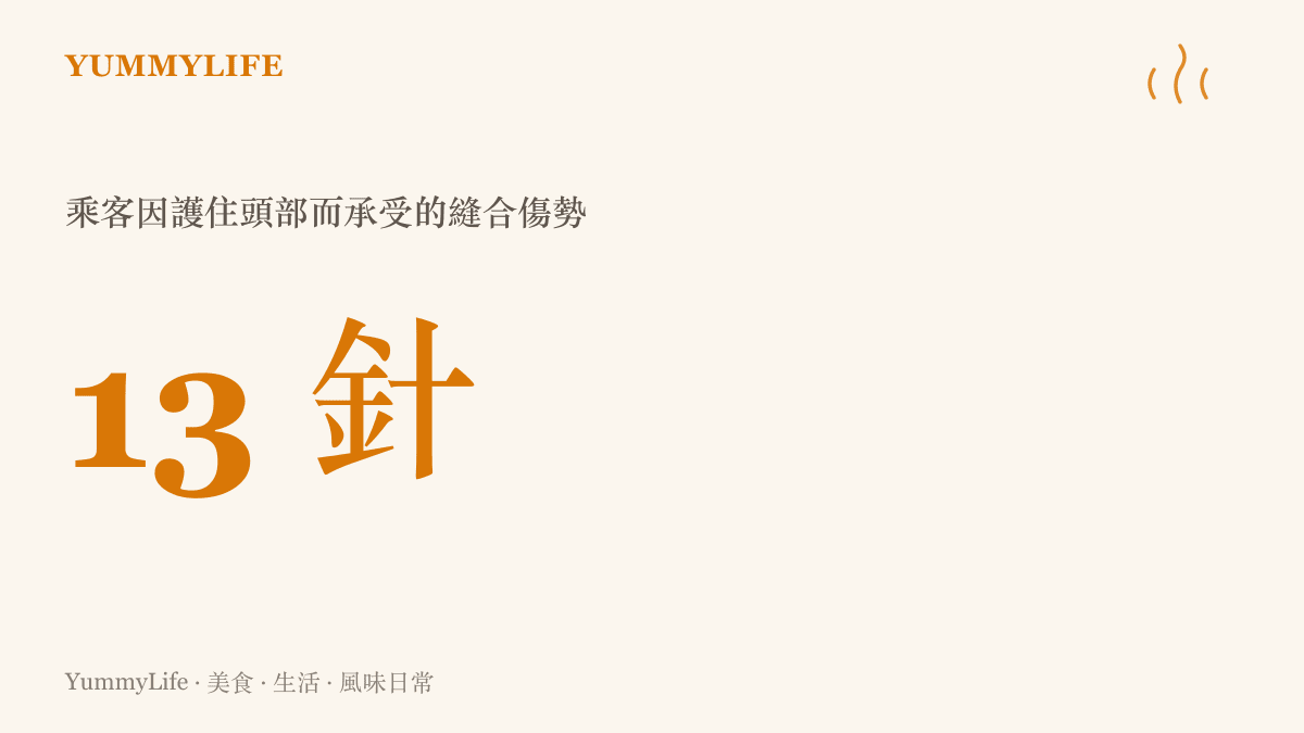 一張呈現乘客為了抵擋鐵棍攻擊而雙臂縫合共計十三針的統計圖卡