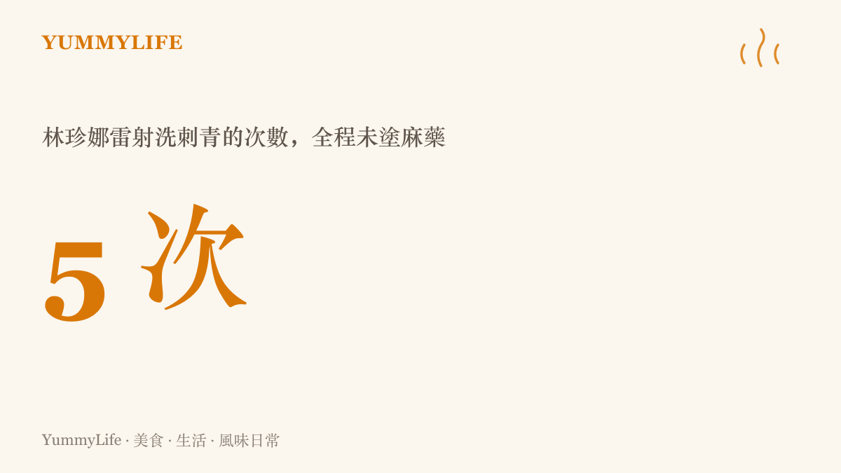 圖卡以醒目的數字五標示林珍娜雷射洗刺青的次數，並註明這五次一次麻藥都沒塗