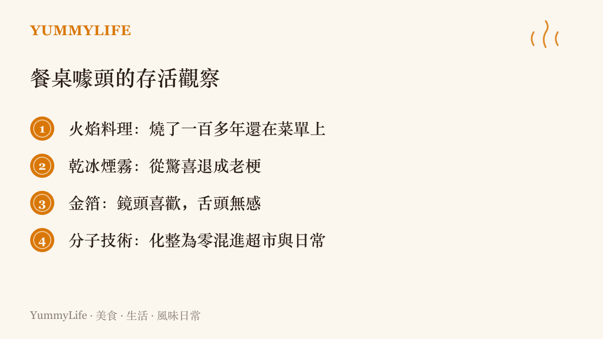 清單圖卡列出火焰料理、乾冰煙霧、金箔與分子技術四類餐桌噱頭各自的存活現況觀察