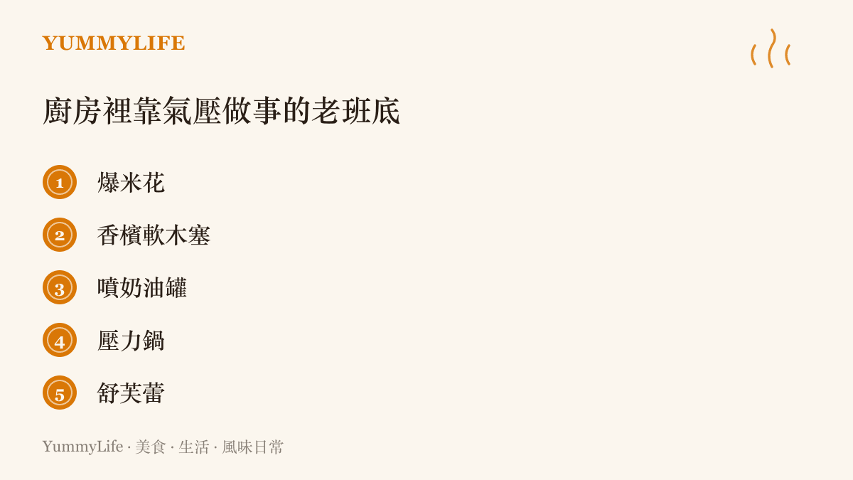 清單列出五種靠氣壓工作的廚房班底，包括爆米花、香檳軟木塞、噴奶油罐、壓力鍋與舒芙蕾，各自用不同的方式把氣體變成手藝