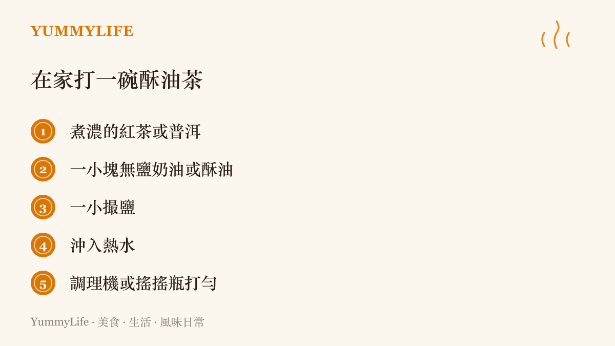 清單列出家庭版酥油茶的材料與做法：濃紅茶、無鹽奶油、一小撮鹽、熱水，最後用調理機或搖搖瓶打勻