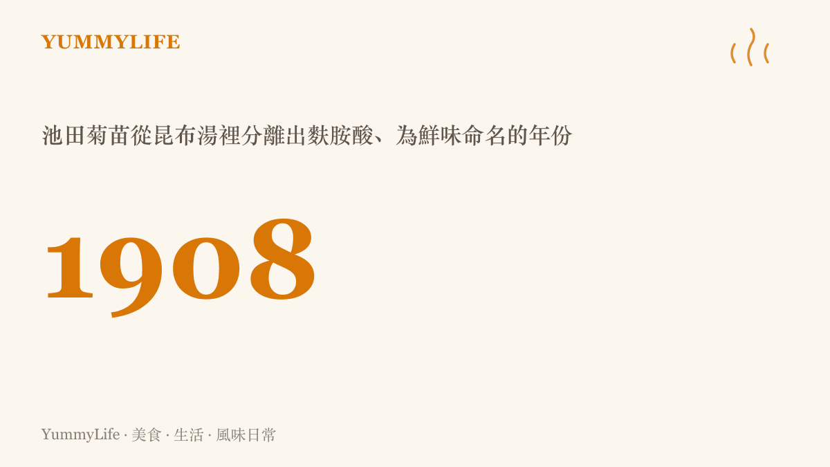 統計圖卡標示1908年，即池田菊苗從昆布湯中分離出麩胺酸並為鮮味命名的年份