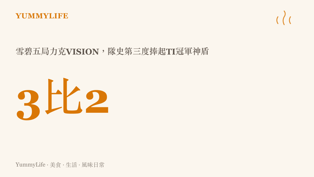 顯示雪碧在TI決賽以3比2擊敗VISION、隊史第三次捧起冠軍神盾的比分數據