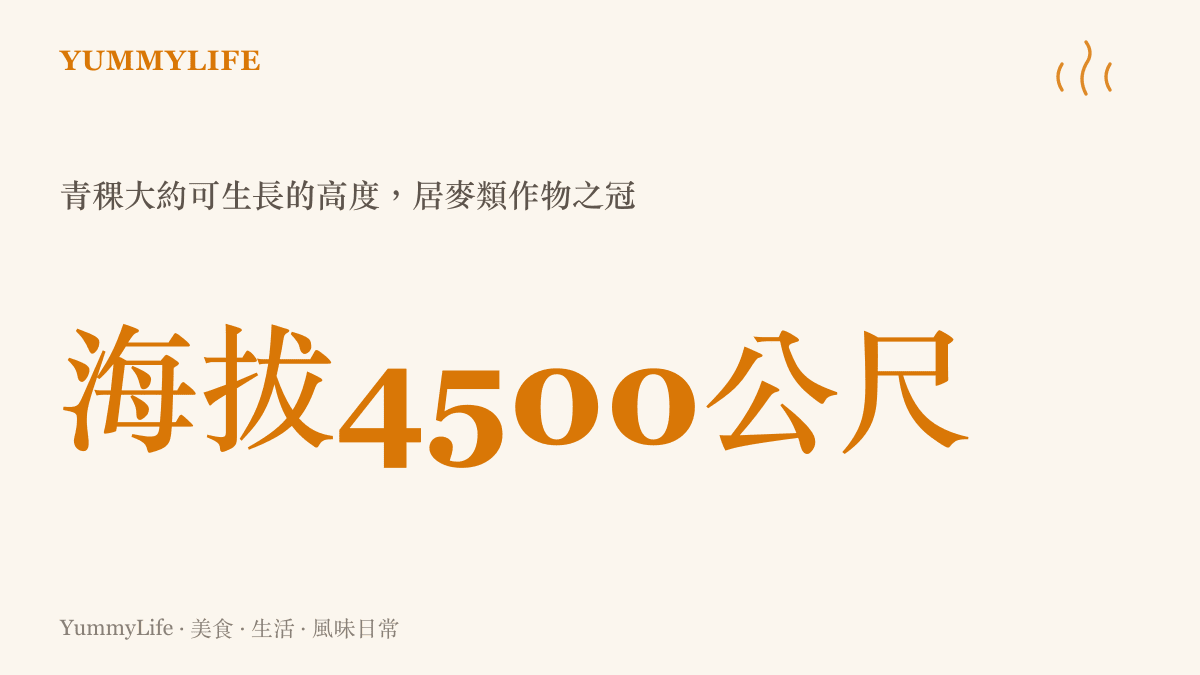 統計圖卡呈現青稞可生長到海拔約四千五百公尺的高度，說明高原環境的嚴苛與青稺的耐寒特性