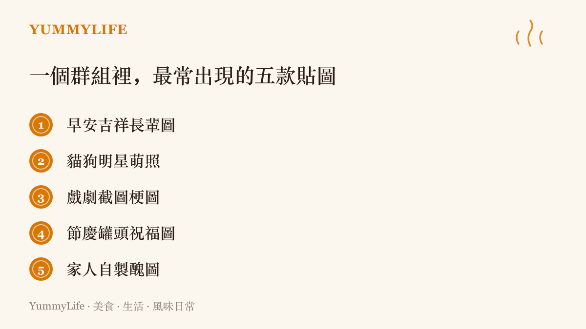 清單圖卡列出臺灣羣組裡五種最常見的貼圖類型：長輩早安圖、貓狗萌照、戲劇截圖梗圖、節慶罐頭祝福圖，以及家人自製的醜圖