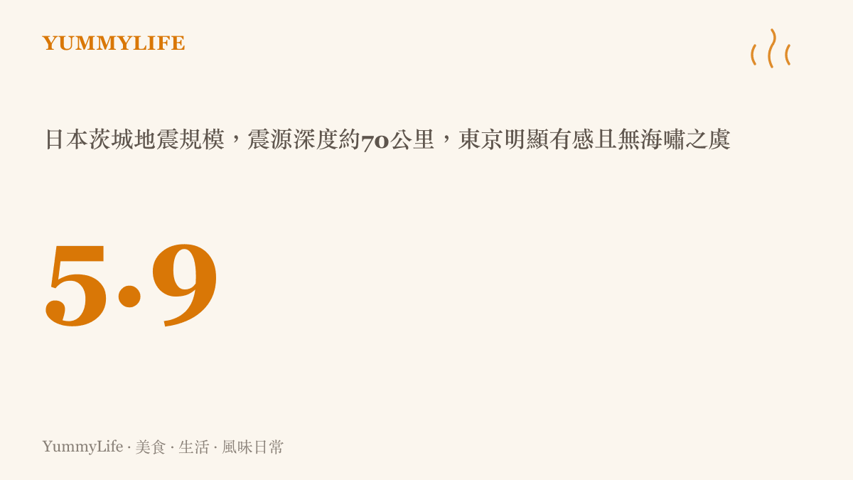 數據圖卡呈現日本茨城此次地震規模5.9、最大震度五弱，震源深度約70公裏，東京明顯有感，氣象廳表示無需擔心海嘯