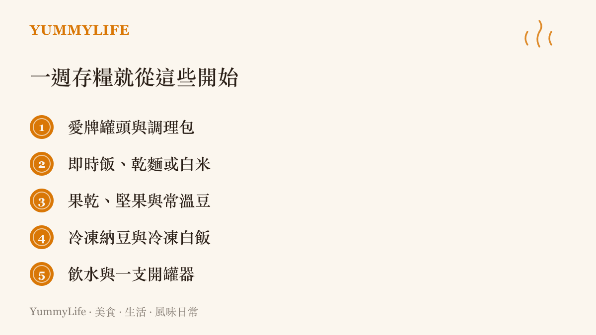 清單建議家庭一週存糧可從五類物品著手：愛牌罐頭與調理包、即時飯乾麵或白米、果乾堅果與常溫豆、冷凍納豆與冷凍白飯、飲水與開罐器