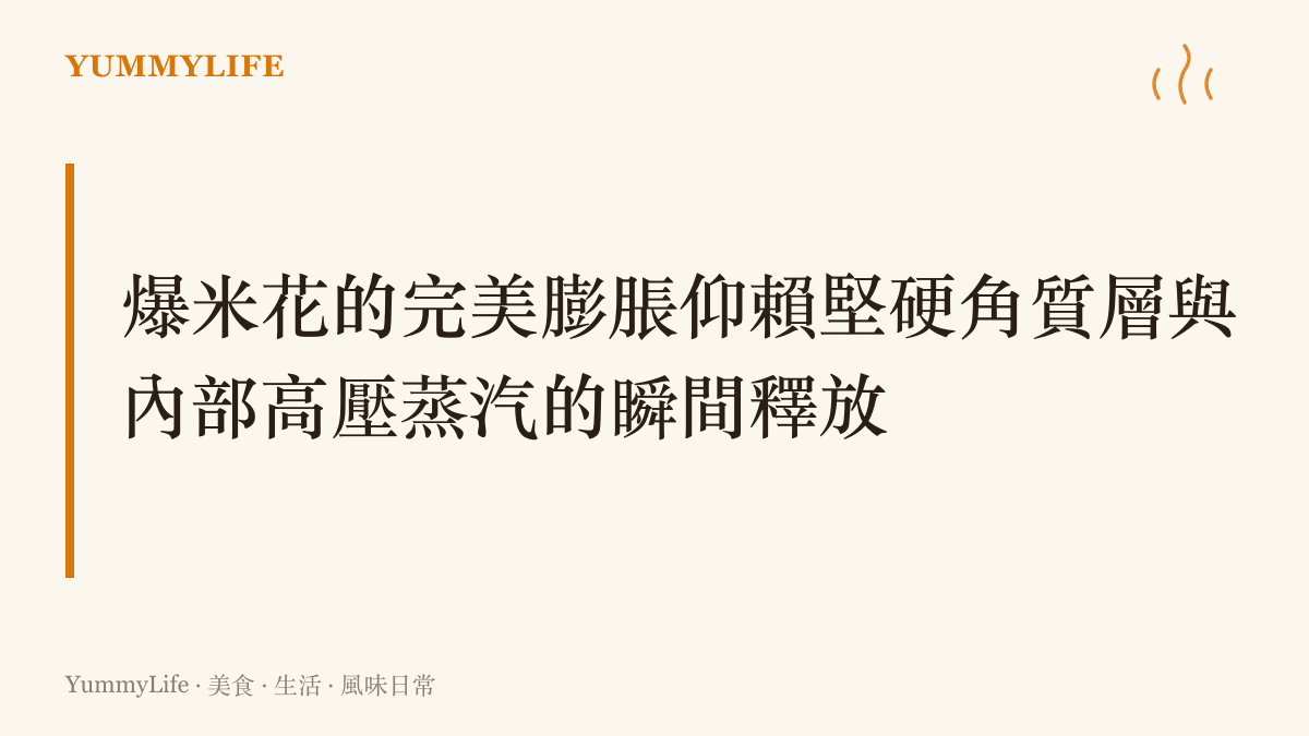 說明爆米花爆裂的物理原理，強調外殼角質層與內部水蒸氣高壓的科學關係