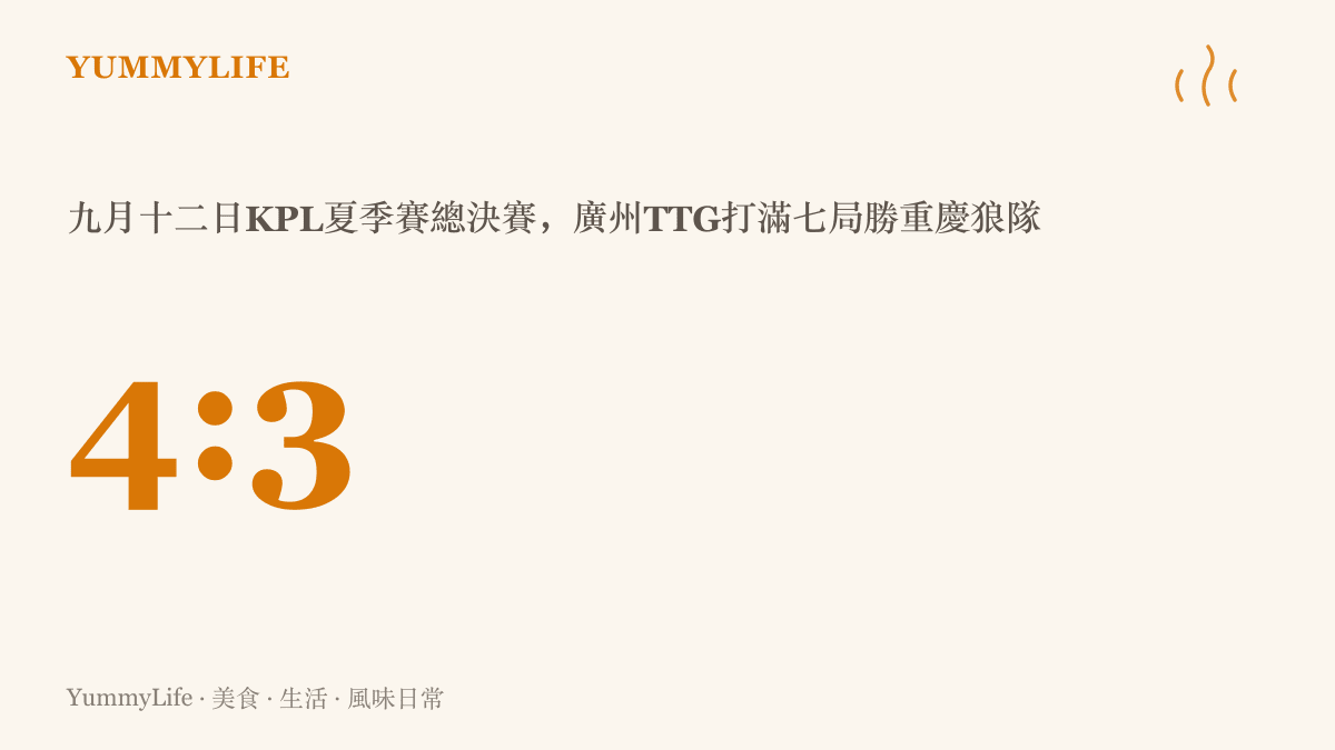 統計圖卡呈現KPL夏季賽總決賽廣州TTG以四比三力克重慶狼隊的決勝比數，並標記隊史第二冠
