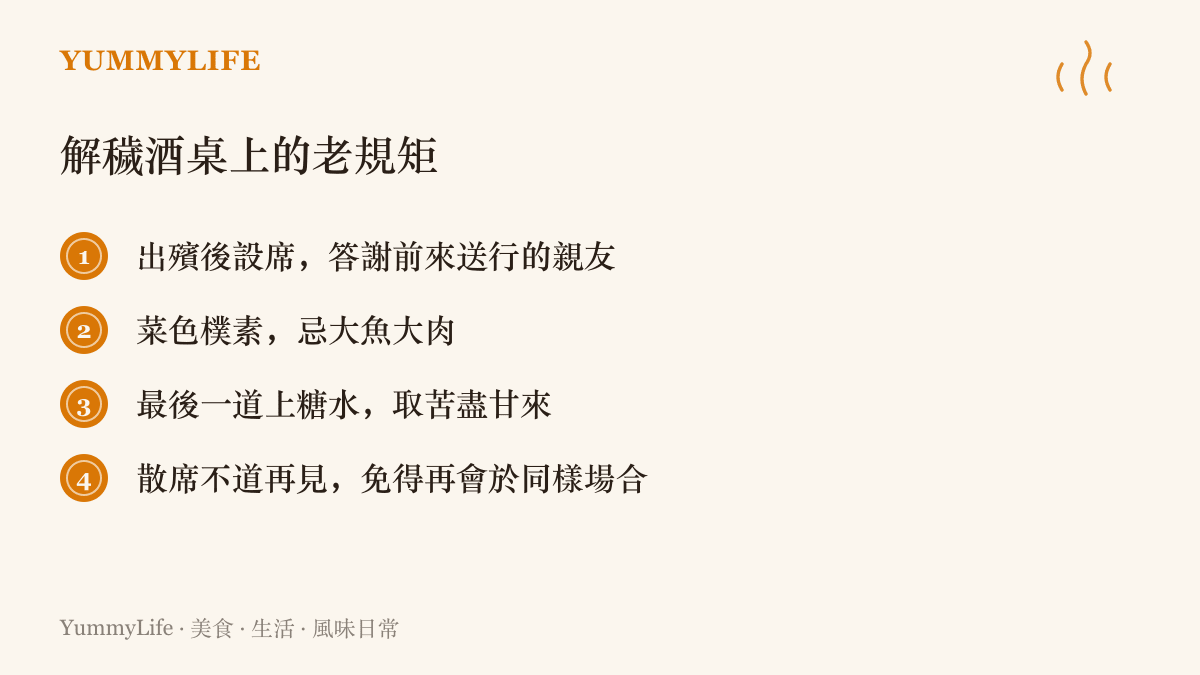 香港解穢酒的傳統規矩清單，列出出殯後設席、菜色樸素、糖水收尾與散席不道再見等四項習俗