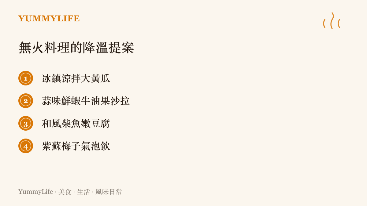 清單圖卡列出四道適合在颱風外圍高溫天氣裡製作的無火料理降溫提案，包含涼拌黃瓜、鮮蝦沙拉、涼拌豆腐與梅子氣泡飲