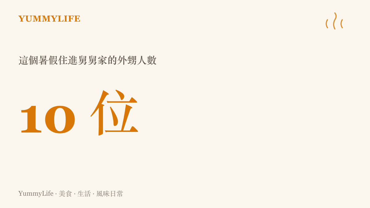 數字圖卡呈現這個暑假住進舅舅家的外甥多達十位，說明這個廚房整個夏天供餐的驚人規模