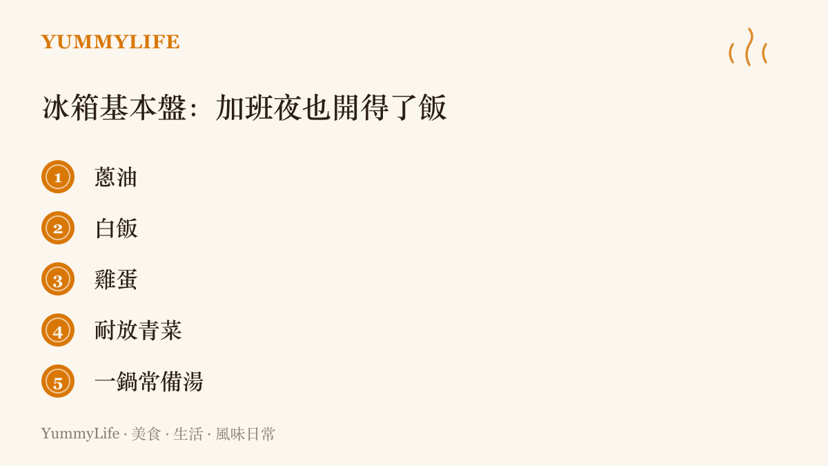 列出蔥油、白飯、雞蛋、耐放青菜與一鍋常備湯五樣冰箱基本盤，晚歸的夜晚也能快速開飯