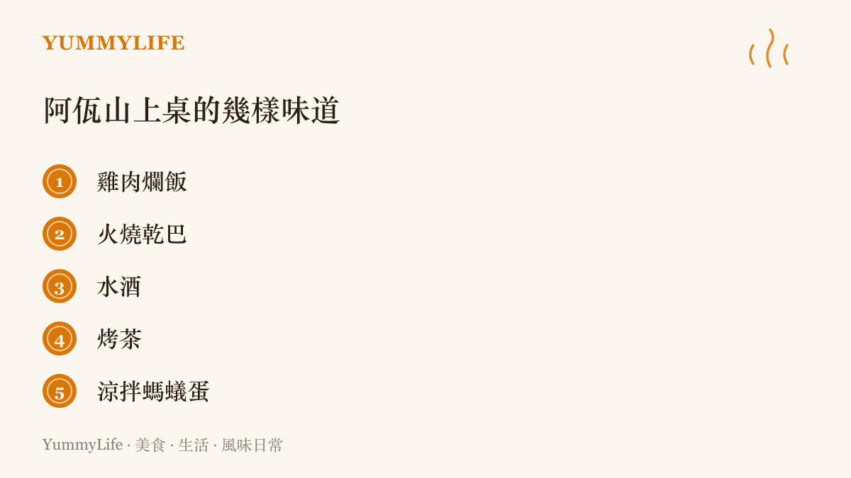 清單列出雞肉爛飯、火燒乾巴、水酒、烤茶與涼拌螞蟻蛋五種佤族代表性味道