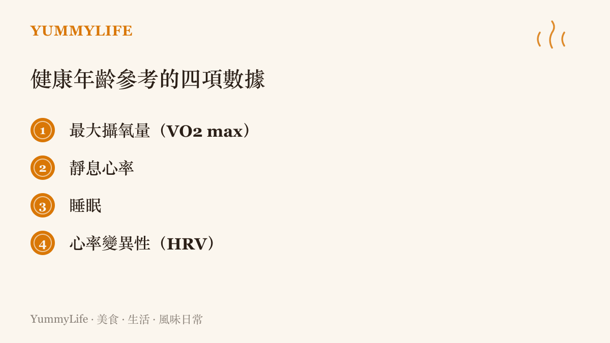 Apple Watch 計算健康年齡所採用的四項長期身體數據：最大攝氧量、靜息心率、睡眠與心率變異性