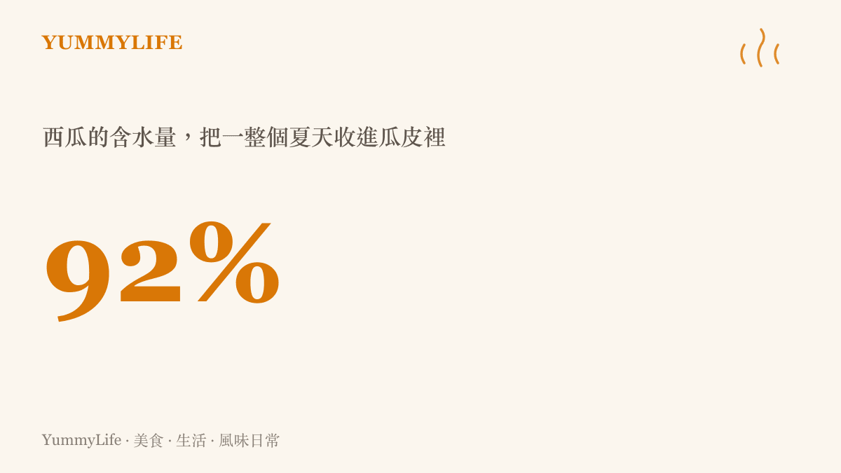 統計數據呈現西瓜的含水量高達百分之九十二，說明每一口瓜汁幾乎都是瓜田收藏的夏日水分