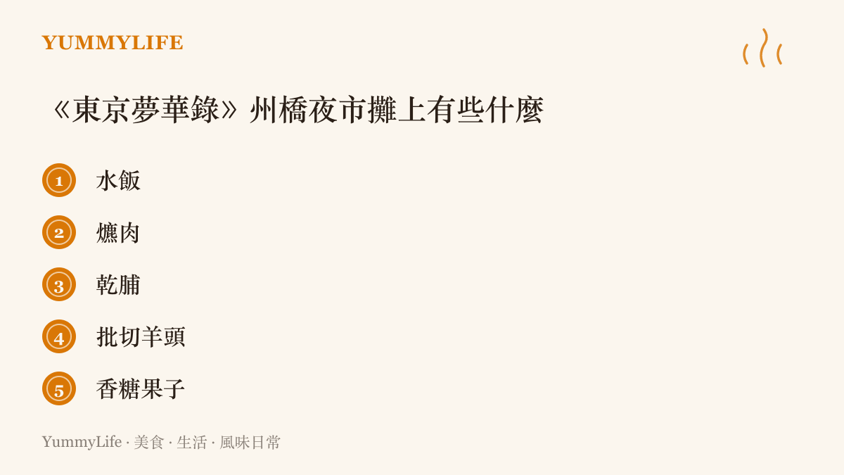 清單圖列舉《東京夢華錄》記載的州橋夜市小喫：水飯、爊肉、乾脯、批切羊頭與香糖果子五種攤上常見的食物