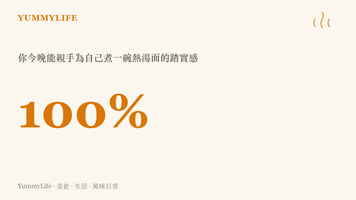 統計圖卡以百分之百的數值，呈現今晚能親手為自己煮一碗熱湯麵的絕對踏實感。