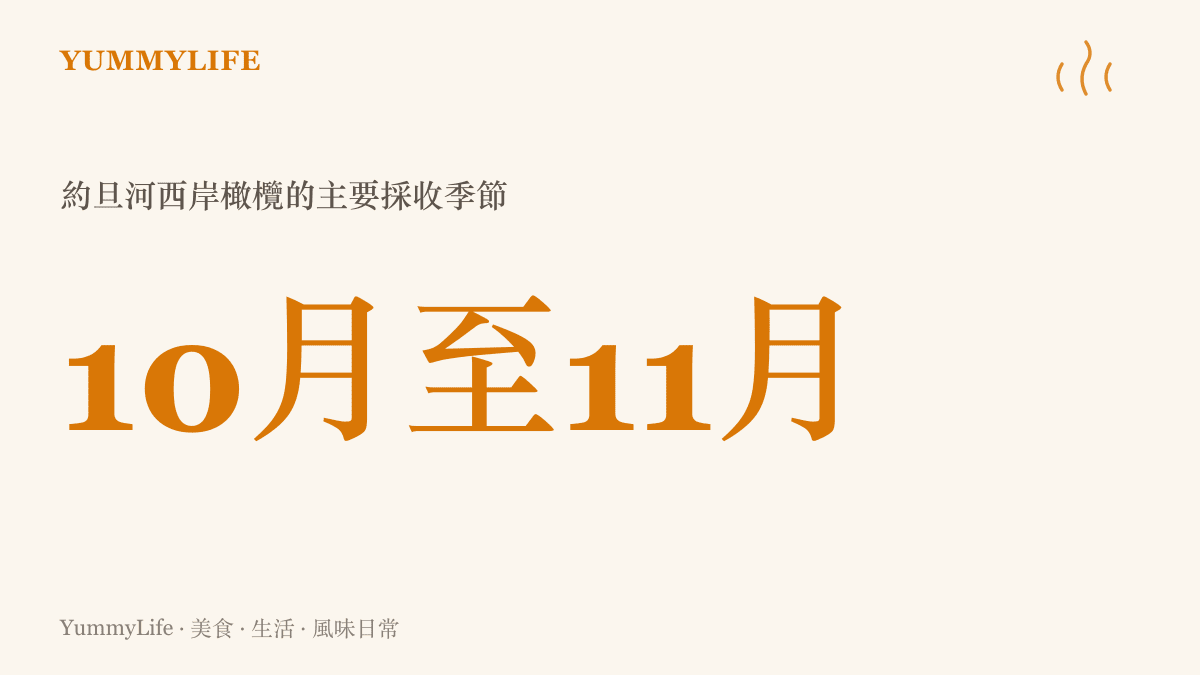 圖面以醒目大字標示約旦河西岸的橄欖採收季落在每年十月至十一月，說明這次外交人員遇襲的十月正是當地收成的時節