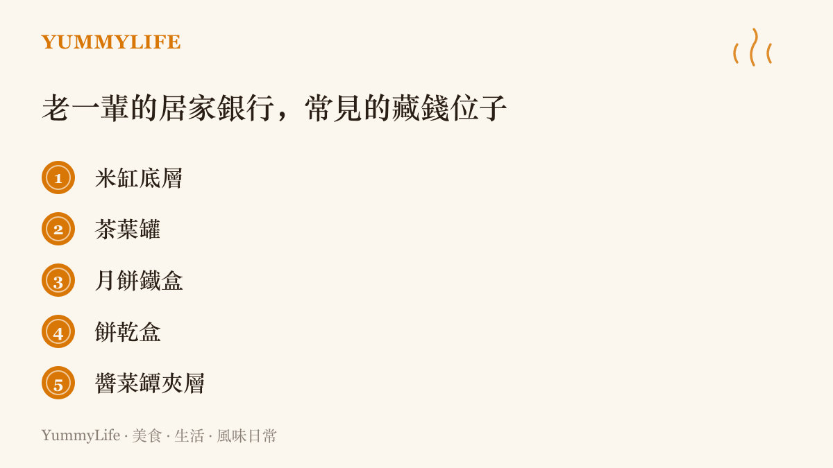 清單圖卡列出老一輩習慣藏現金的五個居家角落，包括米缸底層、茶葉罐、月餅鐵盒、餅乾盒與醬菜罈夾層