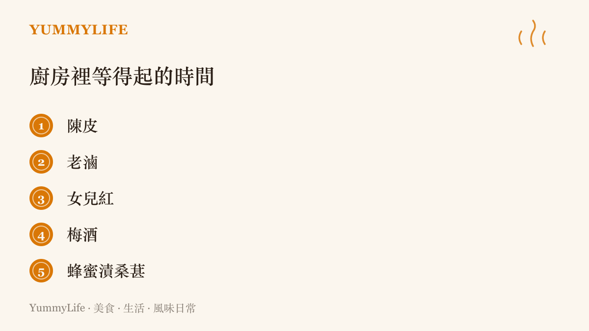 清單圖卡列出五樣經得起長時間等待的食物：陳皮、老滷、女兒紅、梅酒與蜂蜜漬桑葚