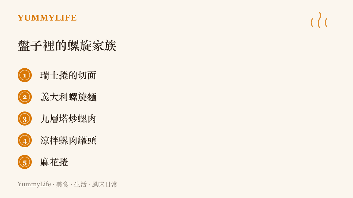 列舉餐桌上的螺旋造型食物，包括瑞士捲切面、螺旋麵、九層塔炒螺肉、涼拌螺肉罐頭與麻花捲