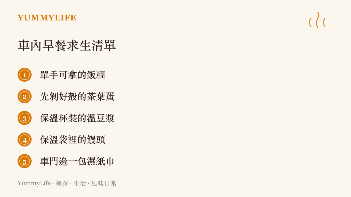 清單圖卡列出適合在車上喫的早餐與備品，包括飯糰、剝好的茶葉蛋、保溫杯溫豆漿、保溫袋饅頭，以及放在車門邊的濕紙巾