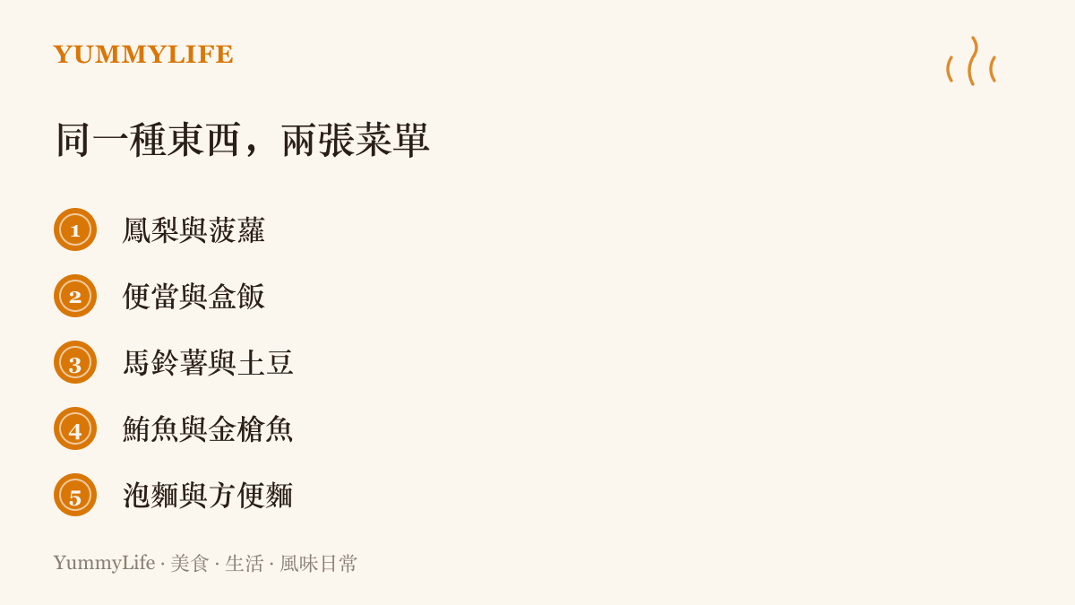 清單對照海峽兩岸對同一種食物的不同稱呼，列出鳳梨與菠蘿、便當與盒飯、鮪魚與金槍魚等五組名字