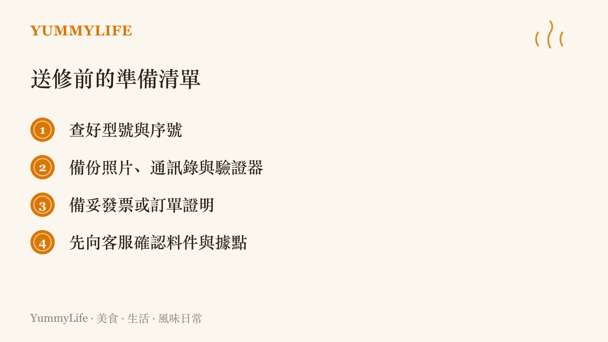 送修小米手機前的準備清單，包含查型號序號、備份資料、準備購買證明，以及先聯繫客服確認料件與受理據點