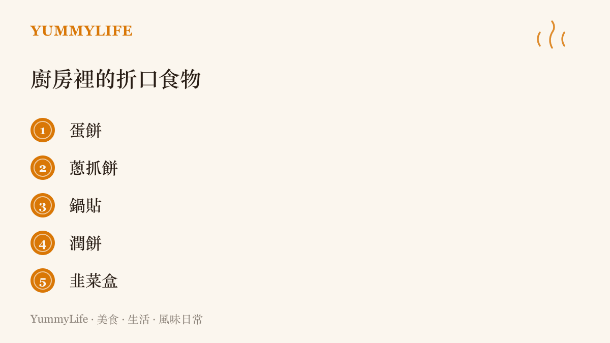 清單圖列出廚房裡常見的折口食物，包括蛋餅、蔥抓餅、鍋貼、潤餅與韭菜盒五種