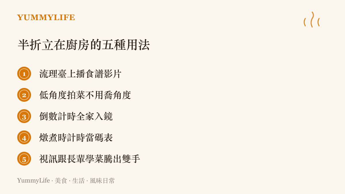 清單圖卡列出摺疊手機半折立在廚房檯面上的五種用法，包含播放食譜影片、低角度拍菜、倒數自拍、燉煮計時與視訊學菜