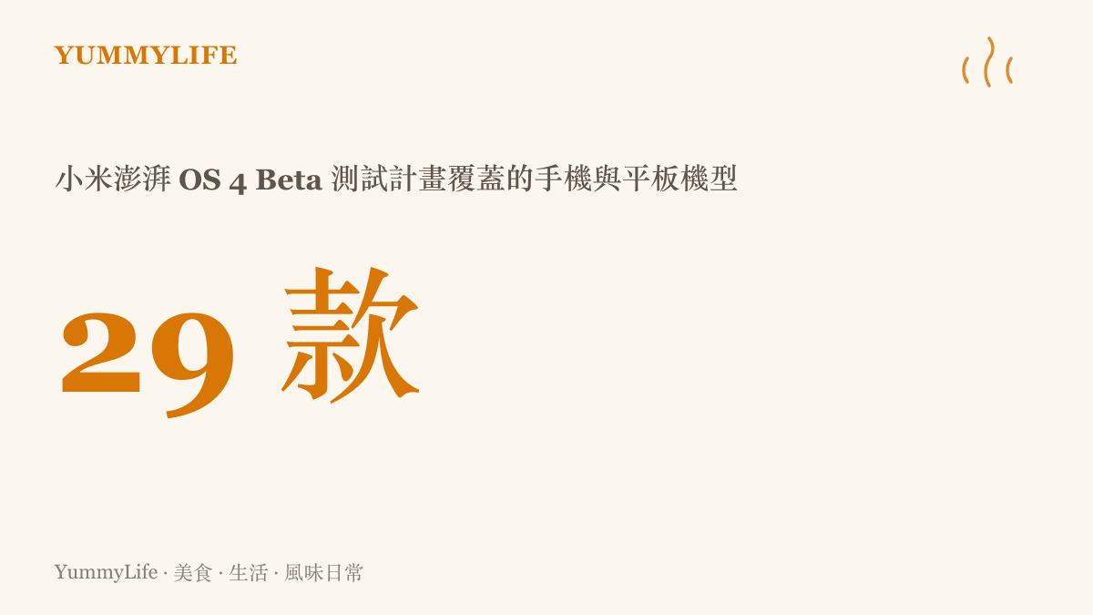 統計圖卡呈現小米澎湃 OS 4 Beta 測試計畫總共覆蓋 29 款手機與平板機型的支援規模