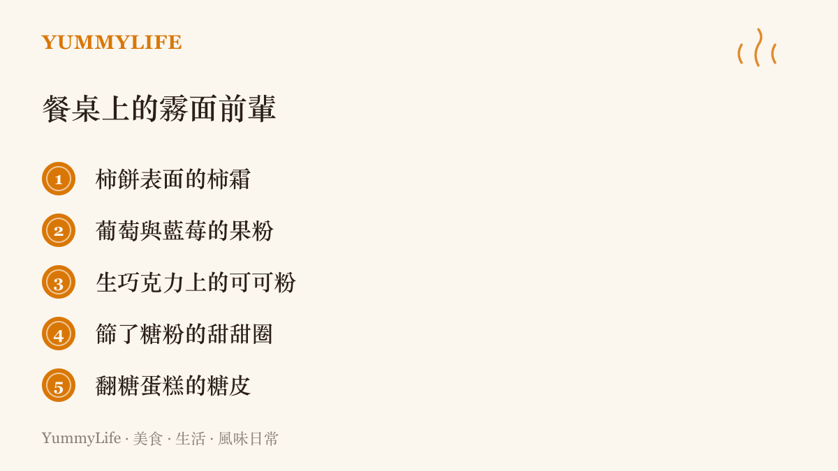 清單圖卡列舉五種帶有霧面質感的食物表面，包含柿餅的柿霜、葡萄與藍莓的果粉、生巧克力的可可粉、甜甜圈的糖粉與翻糖糖皮