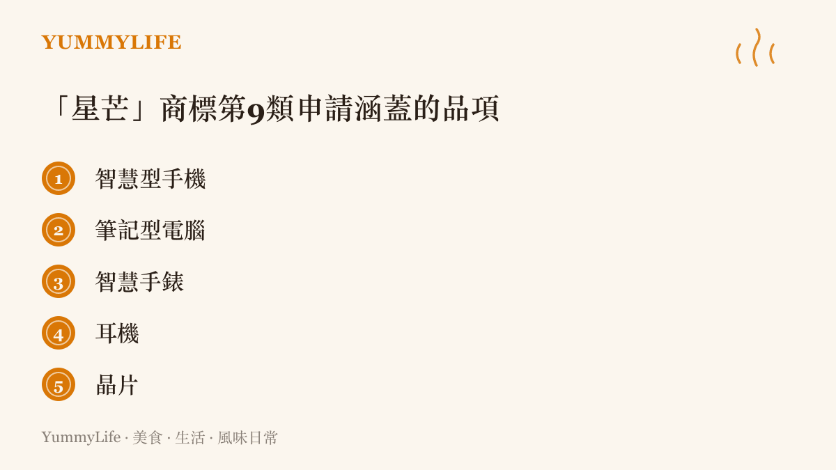 華為星芒商標在國際分類第9類申請涵蓋的品項一覽：智慧型手機、筆記型電腦、智慧手錶、耳機與晶片，現階段狀態為等待實質審查