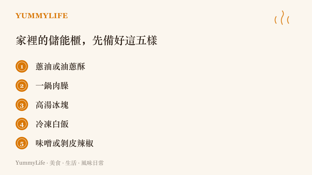 清單列出家裡儲能櫃優先備好的五樣常備品：蔥油或油蔥酥、一鍋肉臊、高湯冰塊、冷凍白飯、味噌或剝皮辣椒