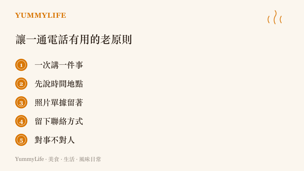 圖卡列出讓客訴電話更有效的五個原則：一次講一件事、先說時間地點、保留照片單據、留下聯絡方式、對事不對人