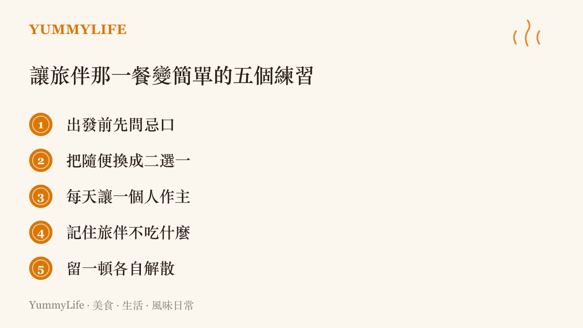 清單列出讓旅伴一餐變簡單的五個練習：出發前先問忌口、把隨便換成二選一、每天讓一個人作主、記住旅伴不喫什麼、留一頓各自解散