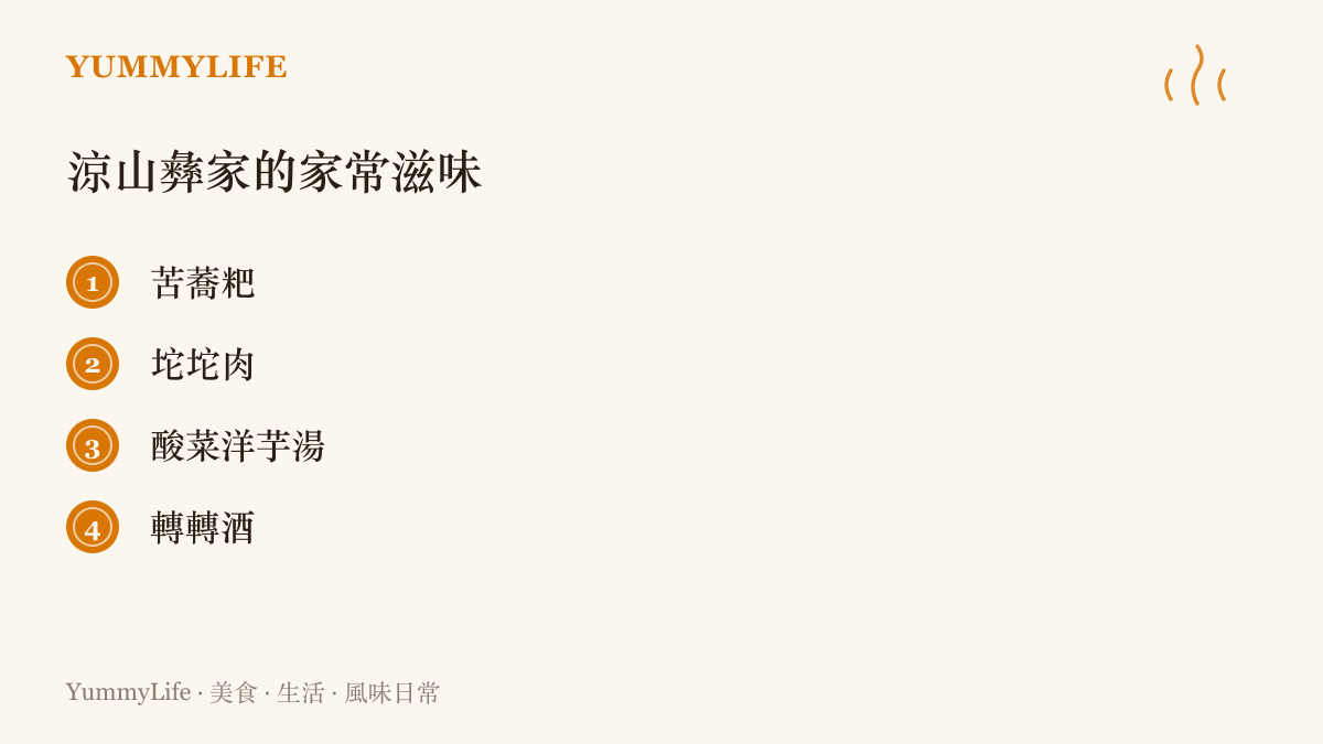 清單圖卡列出涼山彝家的四種日常滋味，包括微苦回甘的苦蕎粑、大塊白煮的坨坨肉、酸菜洋芋湯與輪流共飲的轉轉酒