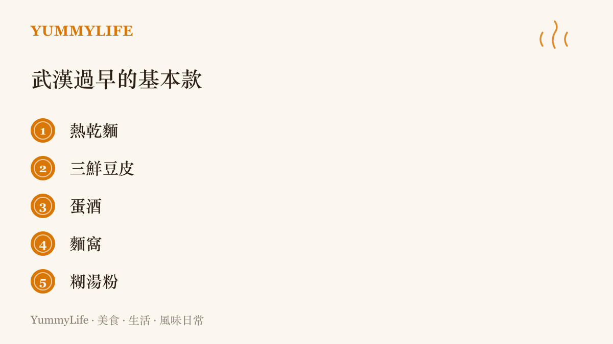 武漢過早的五種基本款一次列出，包含熱乾麵、三鮮豆皮、蛋酒、麵窩與糊湯粉