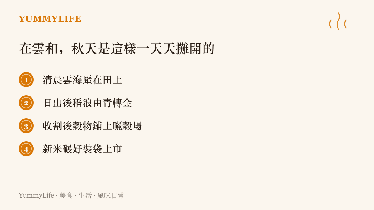 雲和梯田的秋天從清晨雲海與金黃稻浪，一路推進到曬穀和新米上市的季節進程