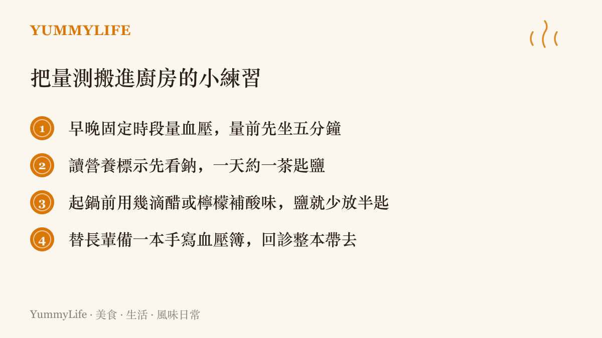 清單圖卡列出把量測搬進廚房的幾個練習：固定時段量血壓、先讀營養標示的鈉含量、用醋與檸檬的酸味代替部分鹽、替長輩準備手寫血壓簿
