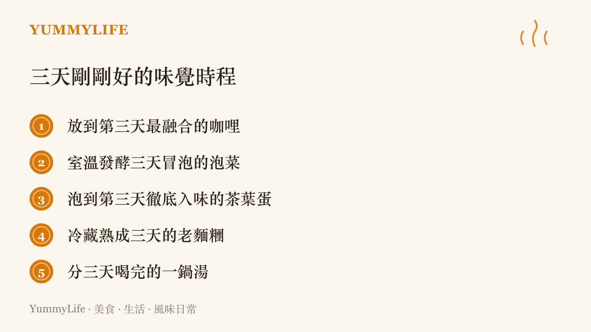 清單列出三天內風味剛好到位的五種家常食物：咖哩、泡菜、茶葉蛋、老麵糰與分三天喝完的一鍋湯