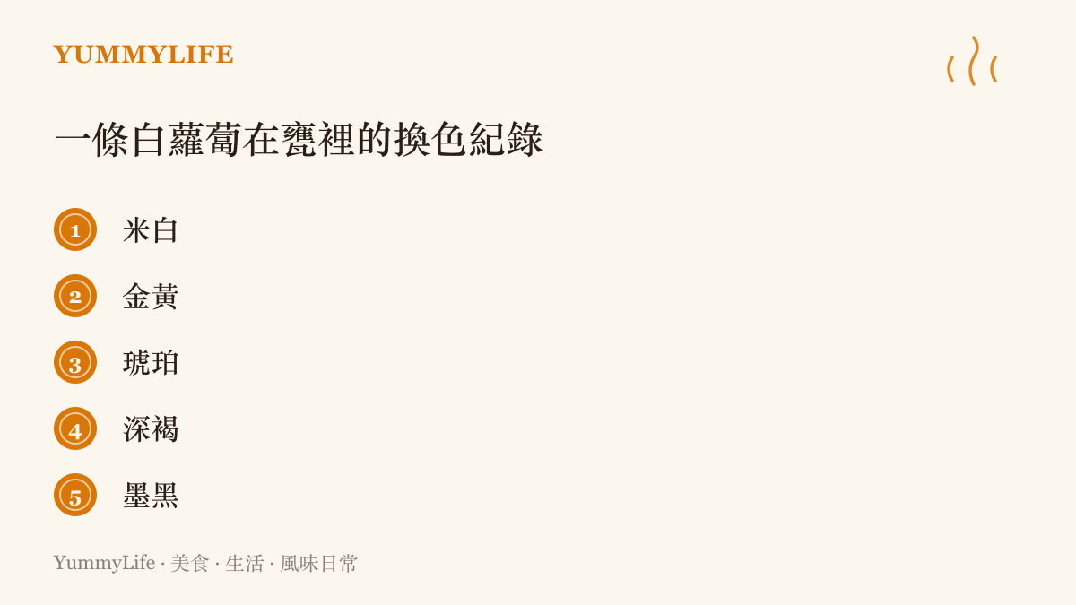 圖卡列出白蘿蔔經鹽漬與存放後，顏色由米白、金黃、琥珀、深褐到墨黑的五階段換色過程