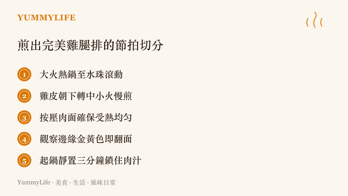 煎煮雞腿排的五個關鍵時間點與火候步驟清單，從熱鍋到起鍋靜置的完整流程