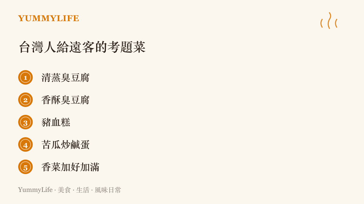 臺灣人常拿來測試外地朋友的考題菜：清蒸臭豆腐、香酥臭豆腐、豬血糕、苦瓜炒鹹蛋，以及香菜加好加滿