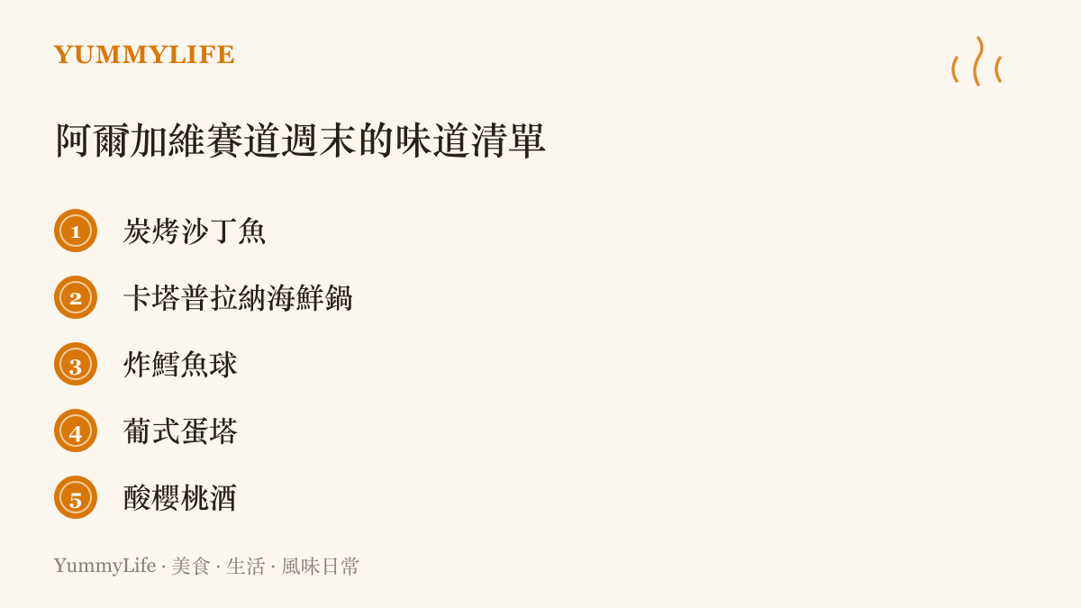 列出葡萄牙阿爾加維賽道週末值得認識的五道在地滋味：炭烤沙丁魚、卡塔普拉納海鮮鍋、炸鱈魚球、葡式蛋塔與酸櫻桃酒
